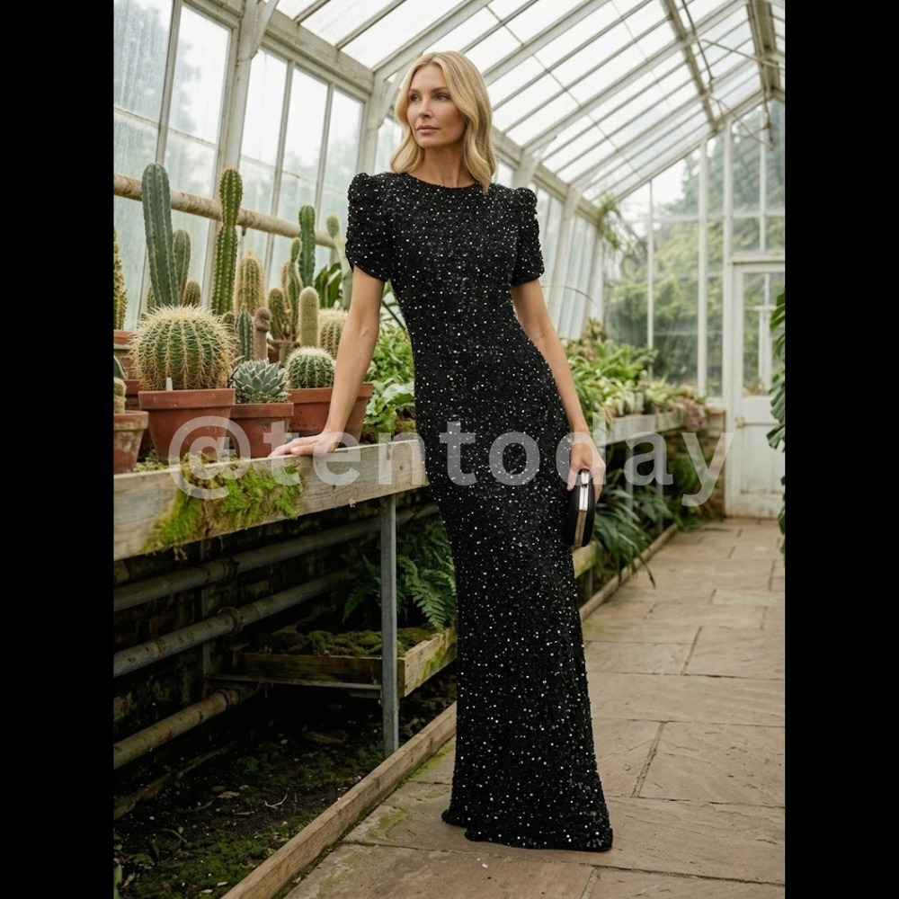Mac Duggal Size 12 Black Pearl‎ Gathered Short Puff Sleeve Long Maxi Gown Dress